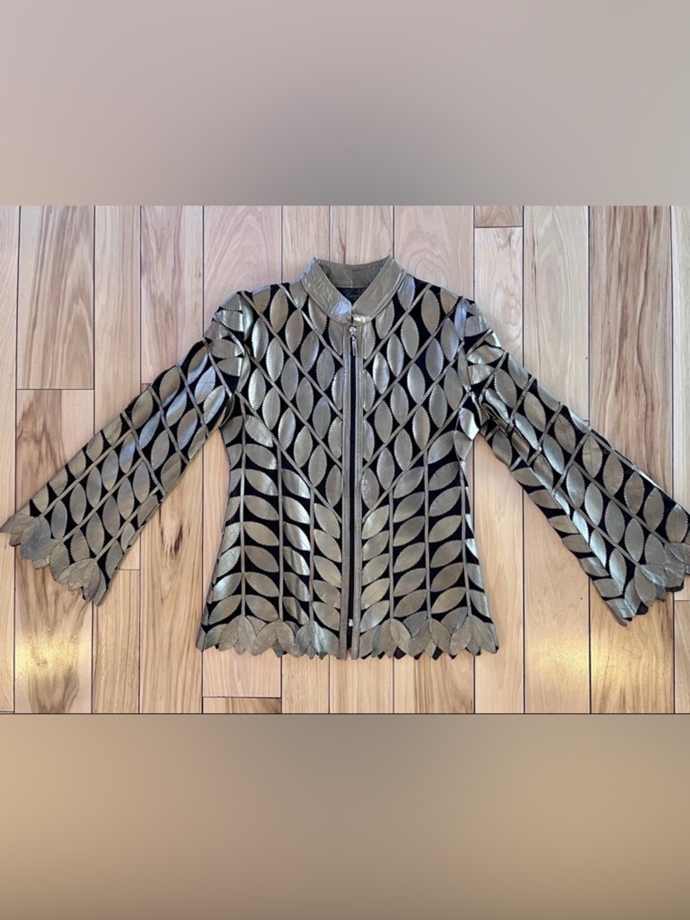 KANAR Metallic Gold Leather & Mesh Leaf Pattern Zip Jacket Sz Small made Turkey - Picture 2 of 8